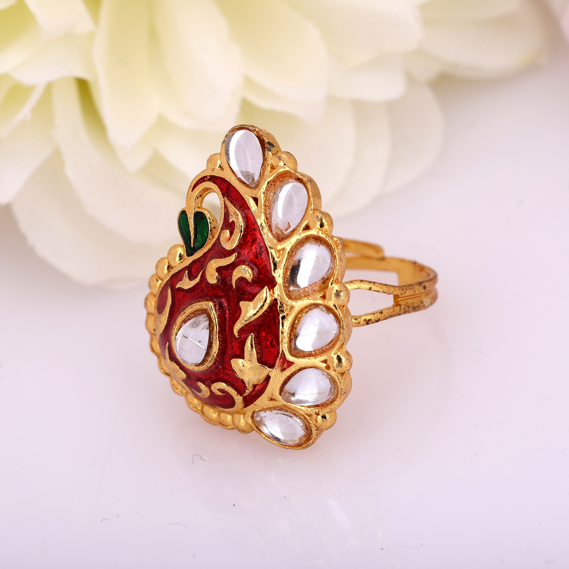 Gold Plated Meenakari Flying Peacock Ring with Kundan Stones - Bevy Pearls